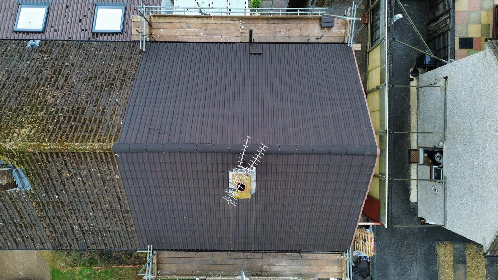 drone shot of a reroof job in southampton